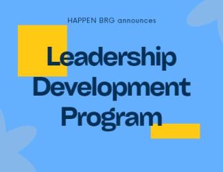 Happen BRG blue background announcing the Leadership Development Program.