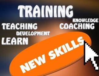 White font with new skills you can gain through the training such as knowledge, development, coaching, learn