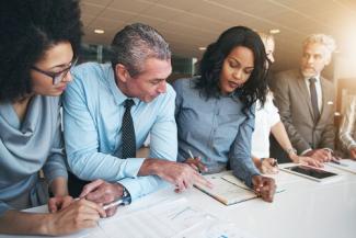 a group of people working