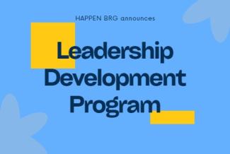 Happen BRG blue background announcing the Leadership Development Program.