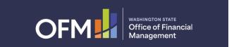 Dark blue rectangle logo with the letters OFM in white, accompanied by stylized bar with graph four vertical bars in orange, yellow, blue and purple. To the right, Washington State Office of Financial Management is written in white. 