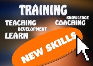 White font with new skills you can gain through the training such as knowledge, development, coaching, learn